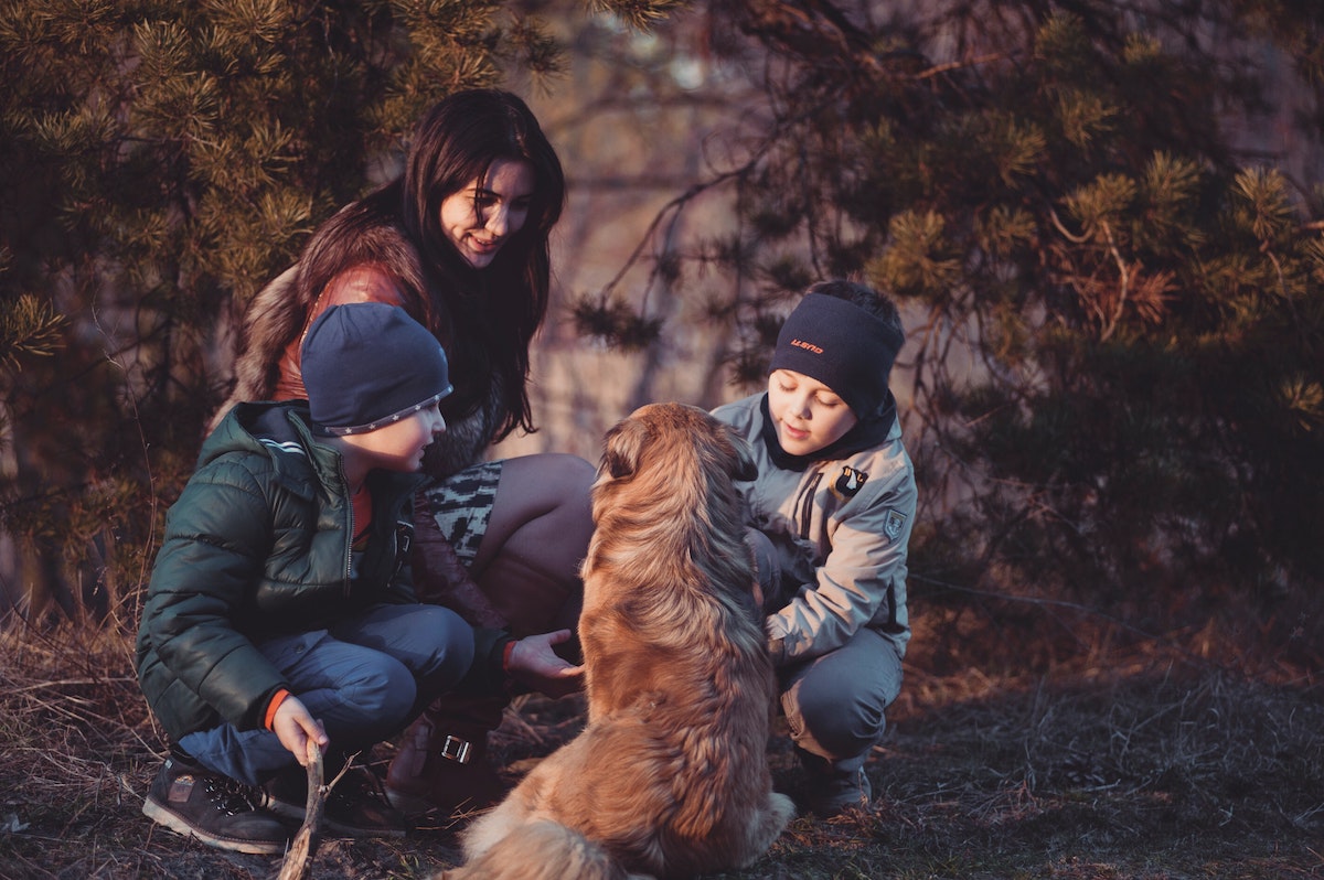 Family with dog in the woods