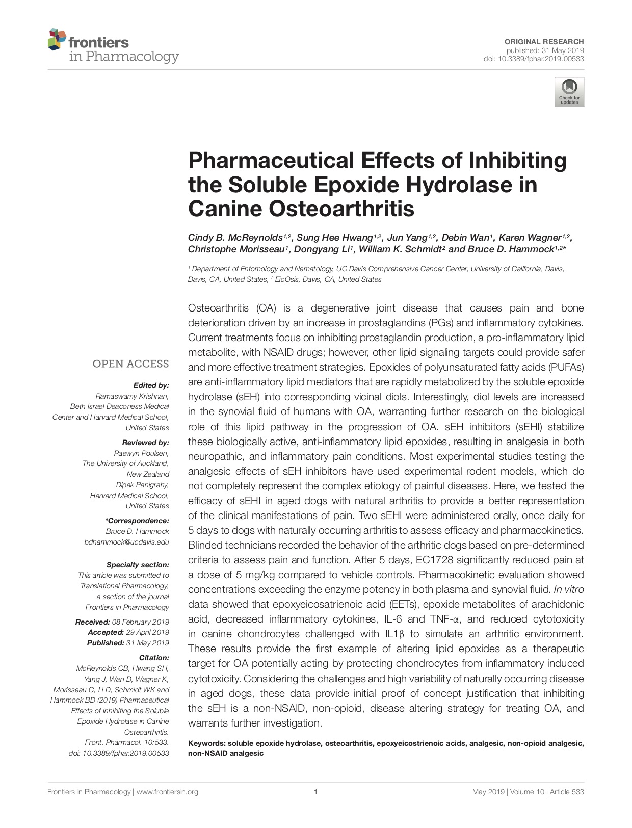 First page of scientific publication entitled "Pharmaceutical Effects of inhibiting the Soluble Epoxide Hydrolase in Canine Osteoarthritis"
