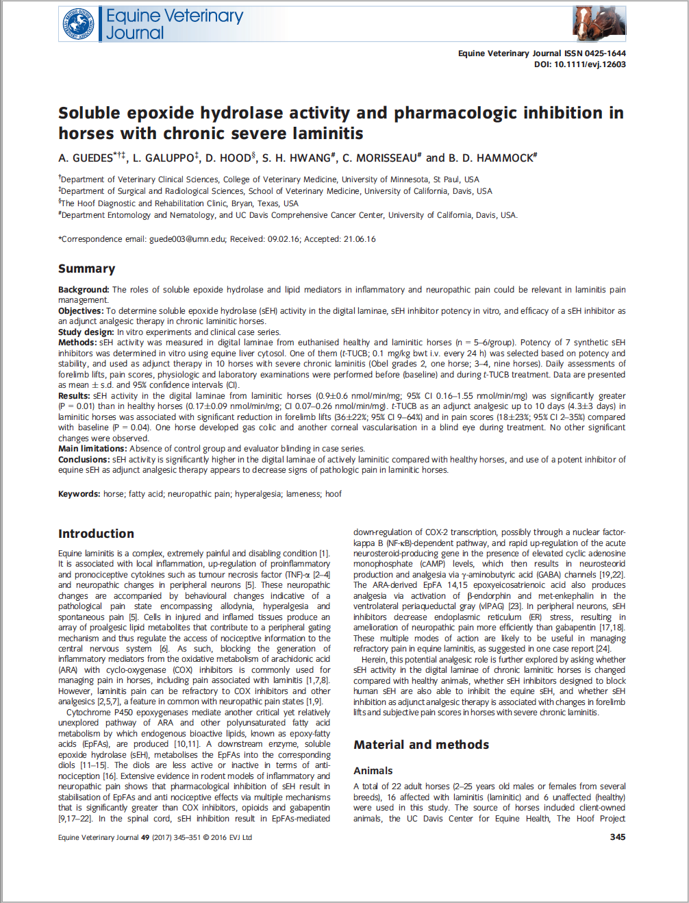 Scientific paper's first page, entitled: Soluble epoxide hydrolase activity and pharmacologic inhibition in horses with chronic severe laminitis