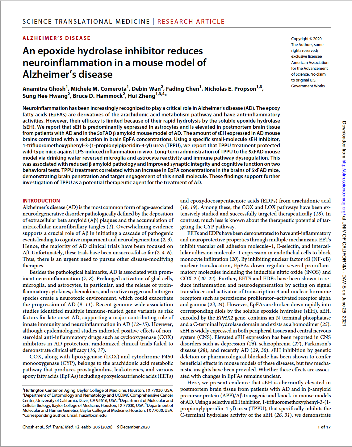 First page of scientific paper on sEH inhibitors in mouse model of Alzheimer disease