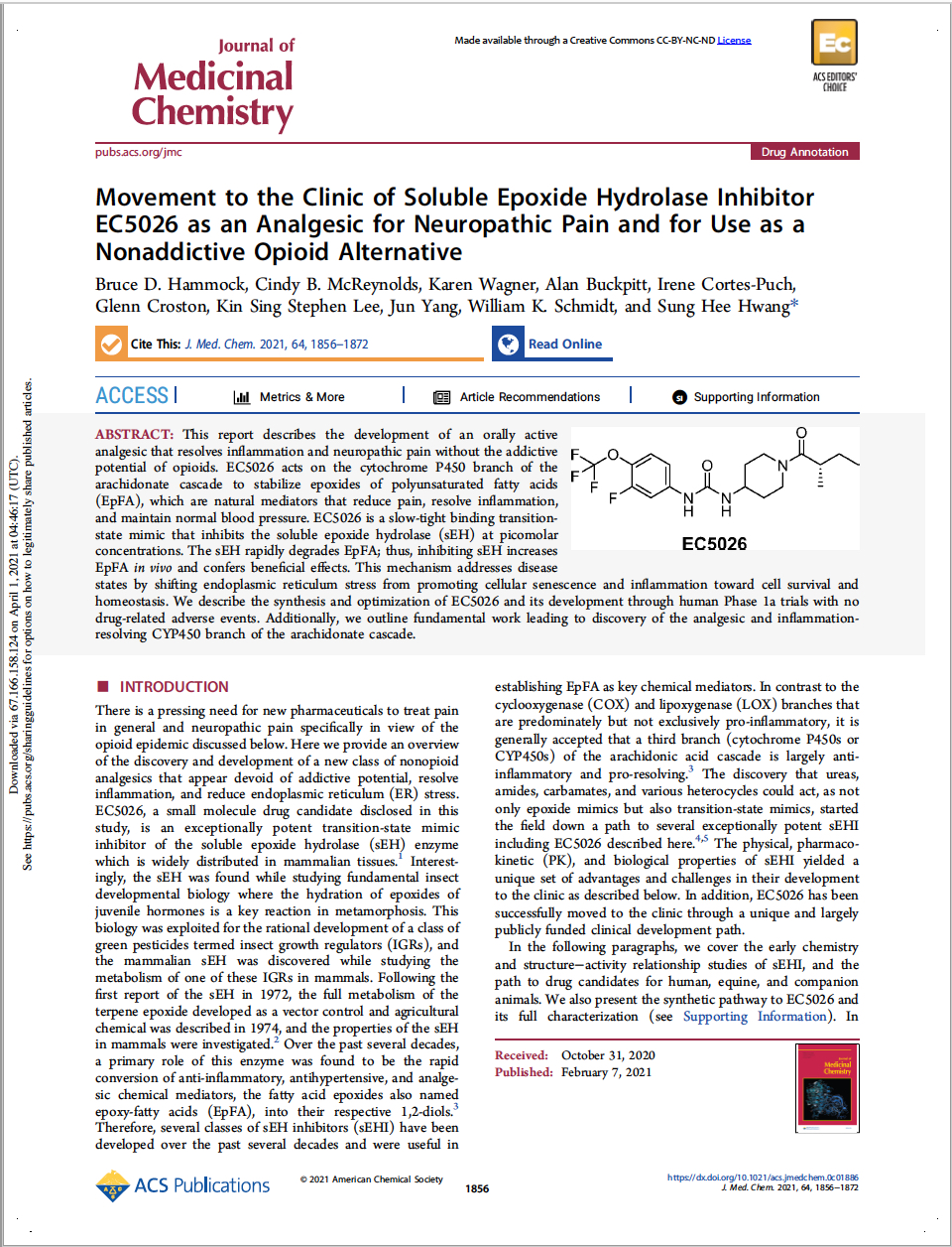 Paper entitled: Movement to the Clinic of Soluble Epoxide Hydrolase Inhibitor EC5026 as an Analgesic for Neuropathic Pain and for Use as a Nonaddictive Opioid Alternative