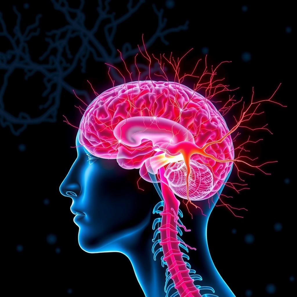 Profile of a human figure with a bright red inflamed brain