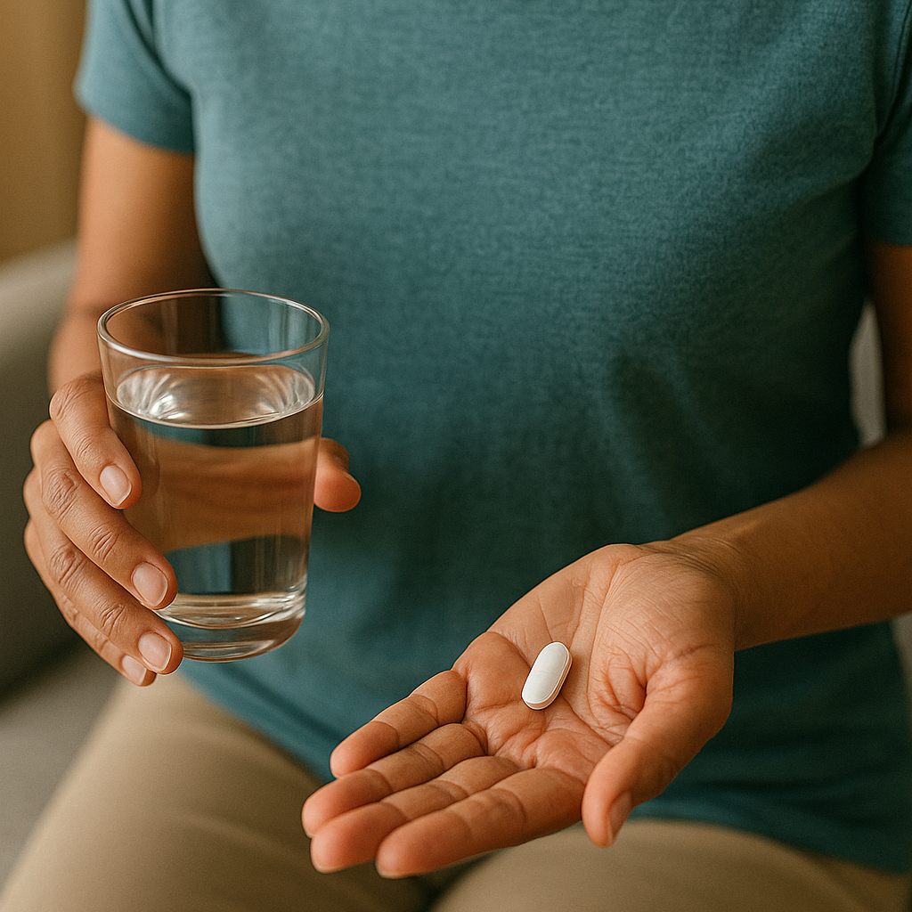 Person taking a tablet for pain